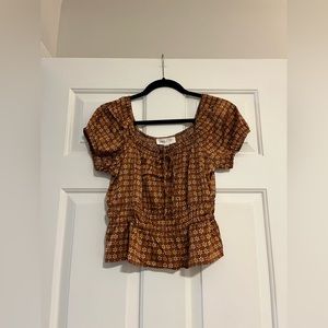 Pink Rose Brown Top with Orange, Yellow and Pink Flowers Size M
